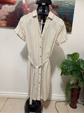 Japna Cream Striped Button-Front Shirt Dress